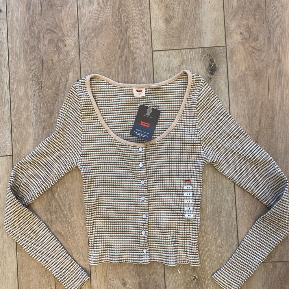 Levi's pink and green Striped Button-Down cropped Shirt